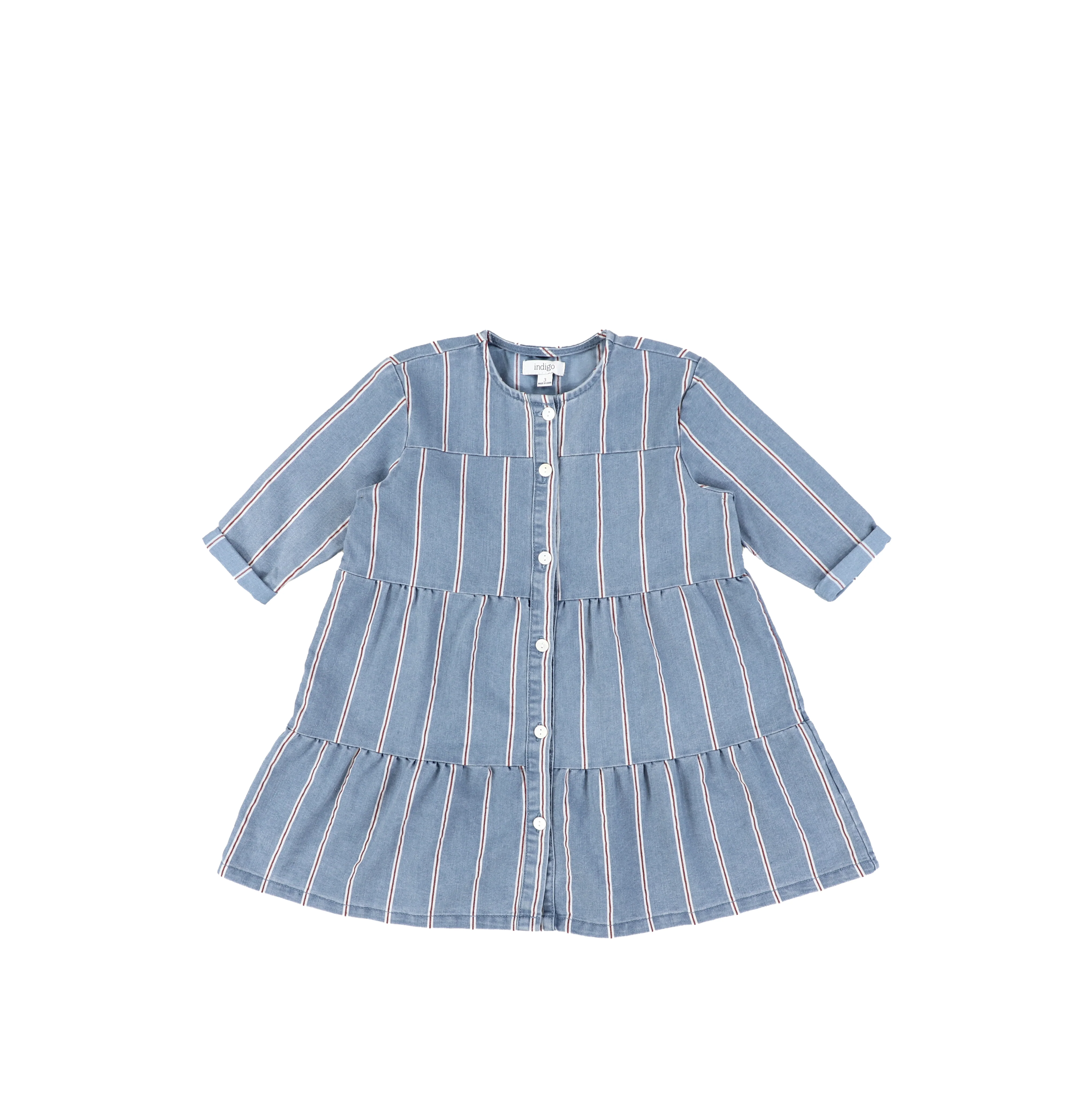 3/4 SLEEVES RED STRIPE TIERED DRESS