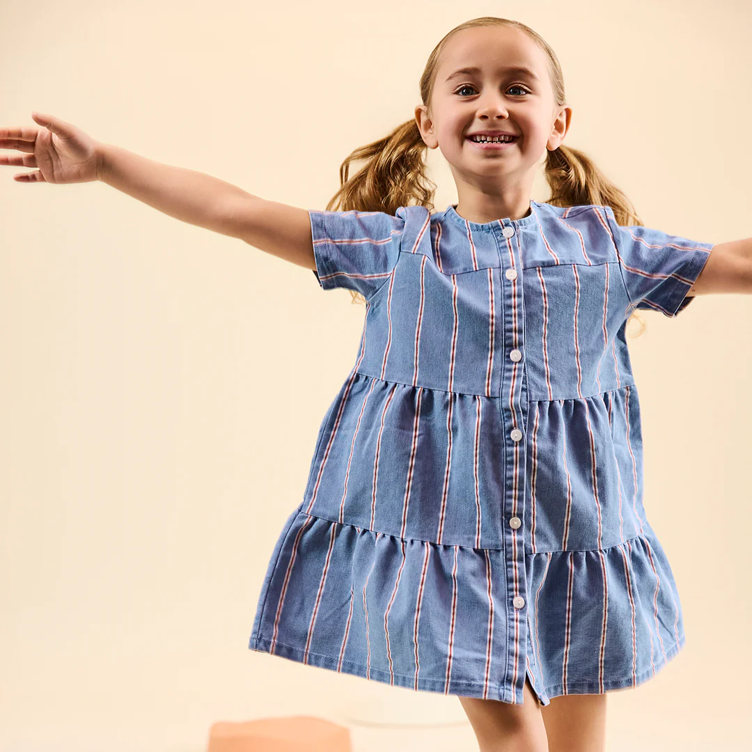 SHORT SLEEVES RED STRIPE TIERED DRESS - Image 3